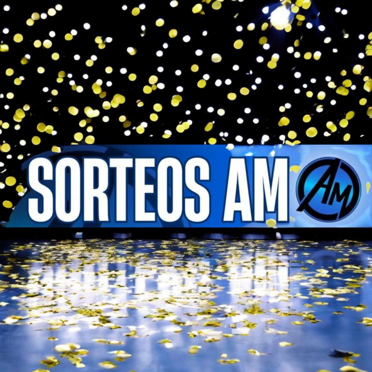 Logo de Sorteos AM con fondo de confeti dorado